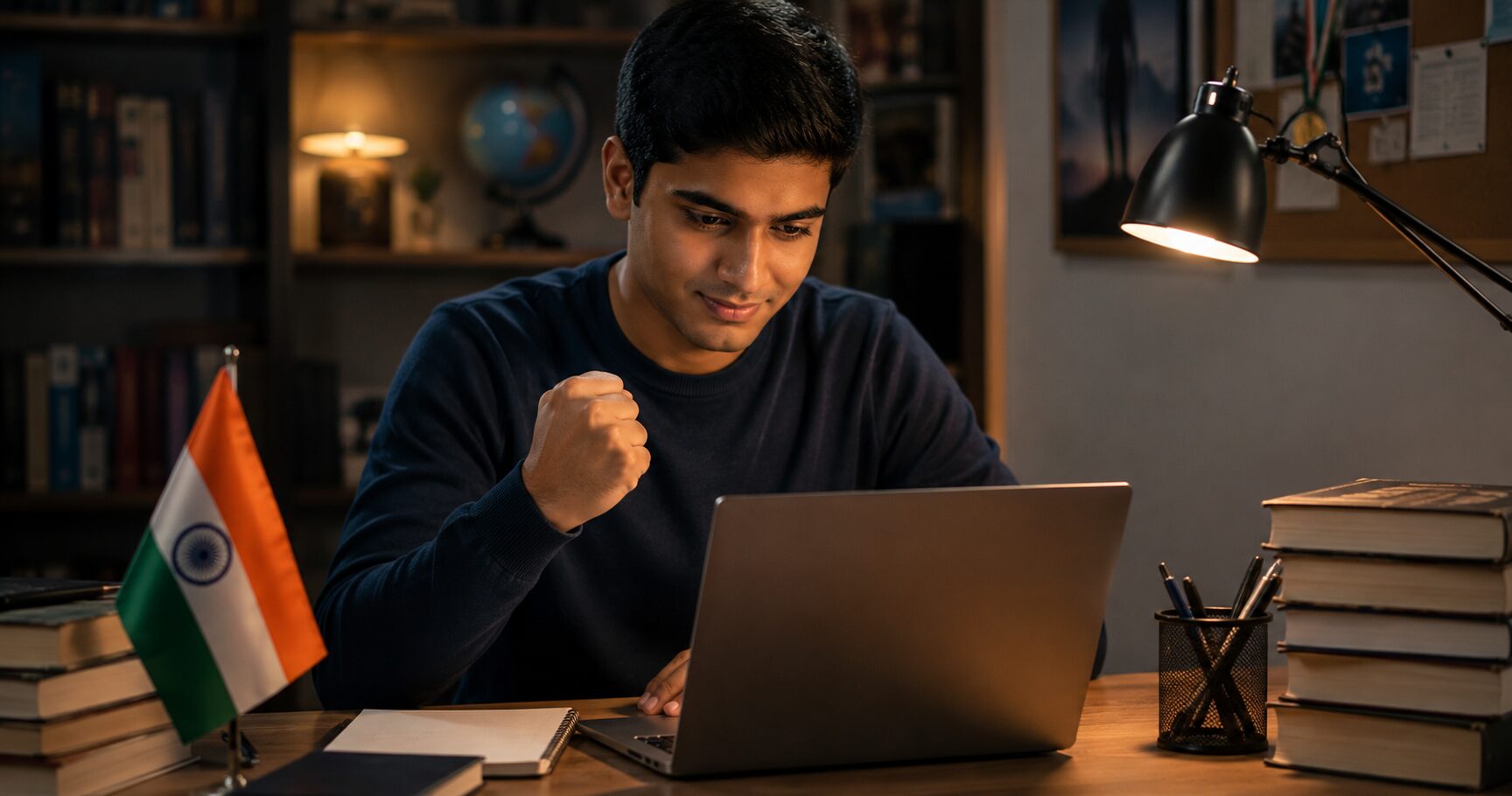 NDA aspirant checking NDA cut off 2026 result on a laptop with the Indian tricolour and study books