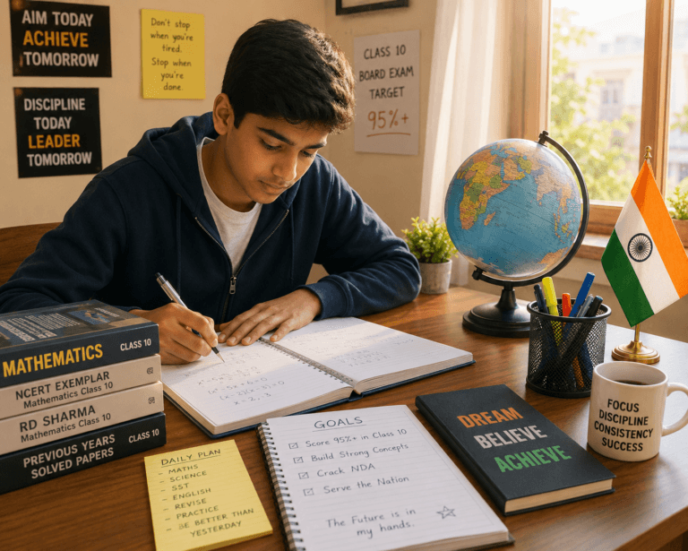 Class 10 student studying for NDA foundation with Class 10 maths books, globe and Indian flag