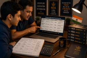 Student and parent comparing online NDA coaching fees on a laptop with a calculator and fee comparison notebook