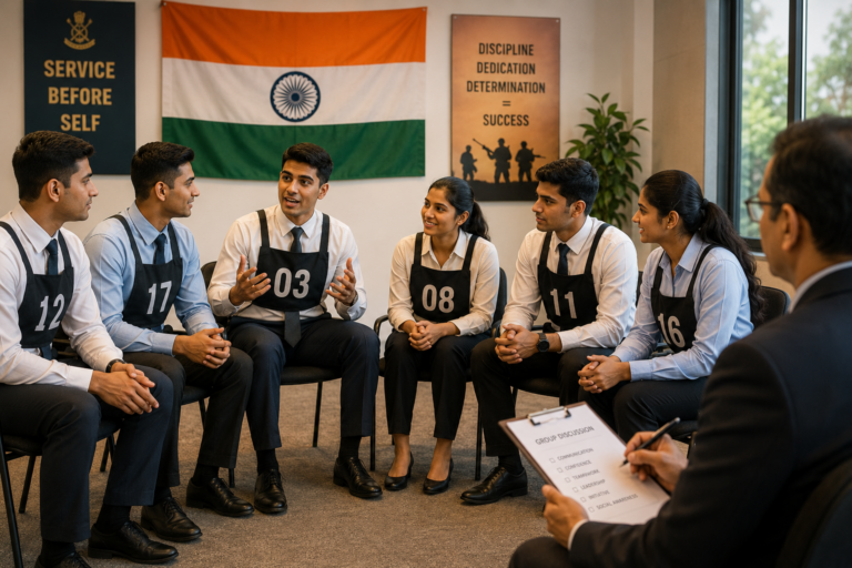 Defence aspirants in a semi-circle SSB group discussion with an assessor observing