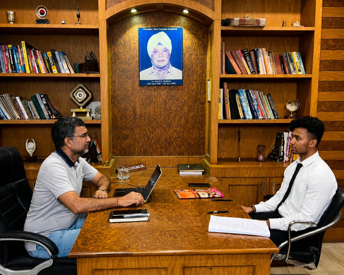 Personal interview and mentoring at NCA Academy office under founder Lt Col Dhaliwal portrait