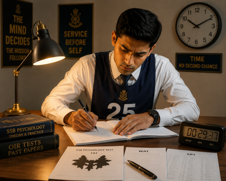 SSB aspirant writing timed SRT responses with a countdown clock and psychology test sheets