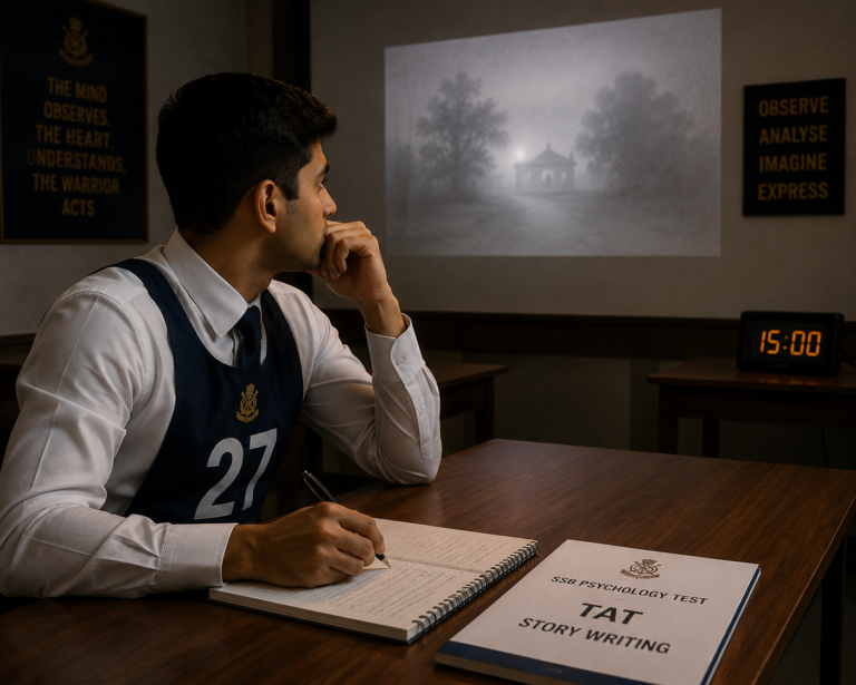 SSB aspirant viewing a hazy projected TAT picture and writing a story during the SSB psychology test