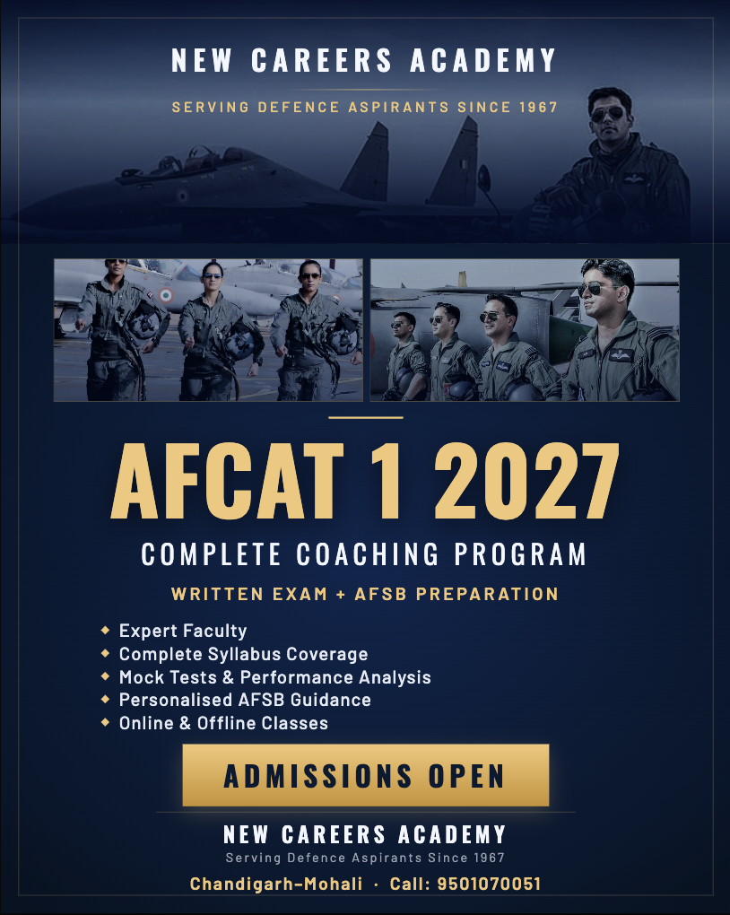 AFCAT 1 2027 Complete Coaching Program poster — New Careers Academy, written exam + AFSB preparation, admissions open, Chandigarh-Mohali, call 9501070051