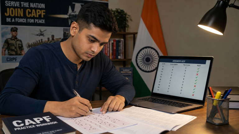 CAPF aspirant checking OMR answers against the UPSC CAPF 2026 answer key on a laptop with CAPF workbook and Indian flag