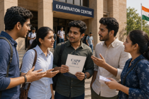 CAPF AC 2026 aspirants discussing the question paper outside a UPSC examination centre after the exam
