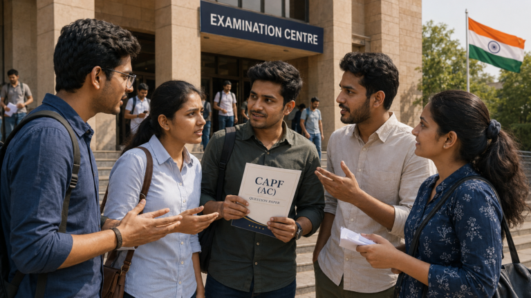 CAPF AC 2026 aspirants discussing the question paper outside a UPSC examination centre after the exam