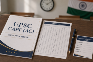 UPSC CAPF AC 2026 question paper booklet with OMR answer sheet, pen and admit card on an exam hall desk