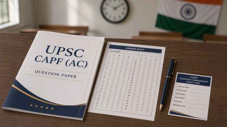 UPSC CAPF AC 2026 question paper booklet with OMR answer sheet, pen and admit card on an exam hall desk