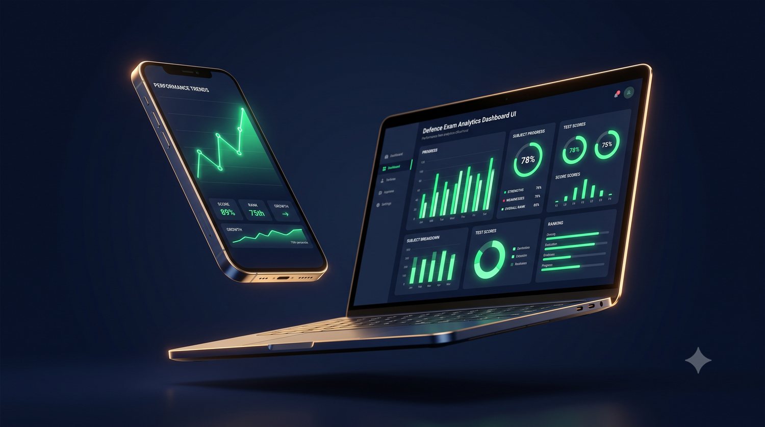 Hardit AI defence-exam analytics dashboard on laptop and phone