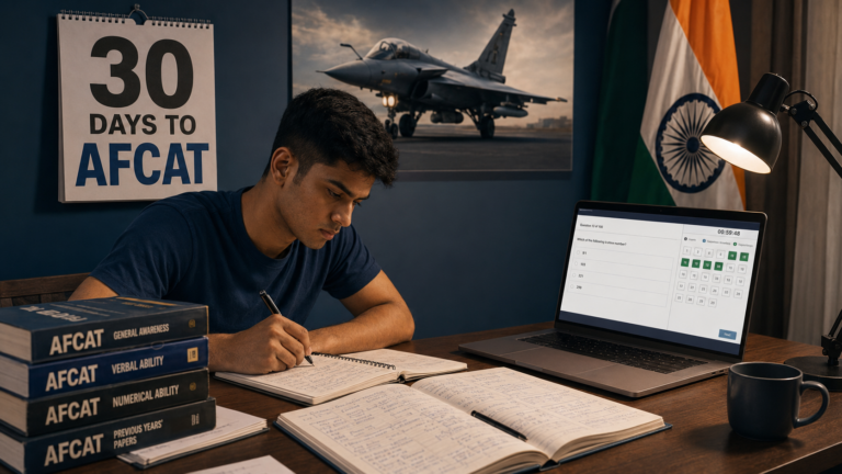 AFCAT aspirant studying with a 30 days to AFCAT calendar, section-wise AFCAT books and a mock test on a laptop