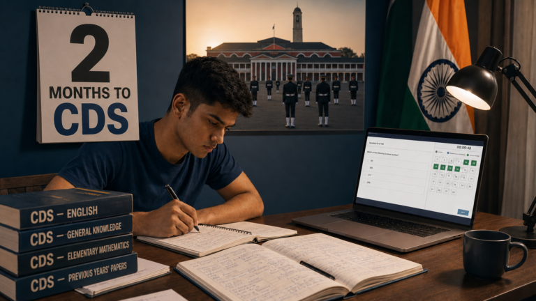CDS aspirant studying with a 2 months to CDS calendar, section-wise CDS books and a mock test on a laptop