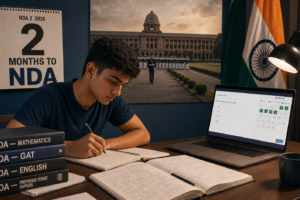 NDA aspirant studying with a 2 months to NDA calendar, NDA Maths and GAT books and a mock test on a laptop