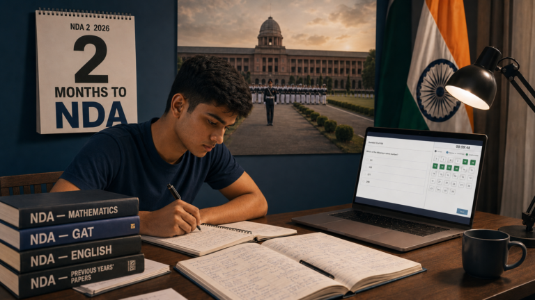 NDA aspirant studying with a 2 months to NDA calendar, NDA Maths and GAT books and a mock test on a laptop