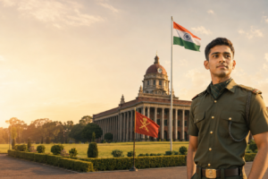 Indian Army officer at the OTA parade ground with the Indian tricolour and Army flag at golden hour