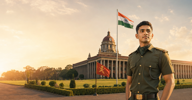 Indian Army officer at the OTA parade ground with the Indian tricolour and Army flag at golden hour
