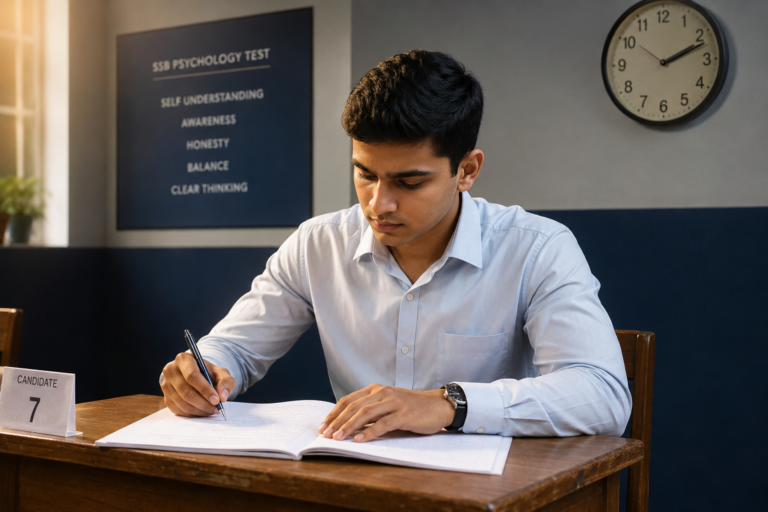 SSB candidate writing the Self Description during the psychology test with a wall clock and SSB psychology board