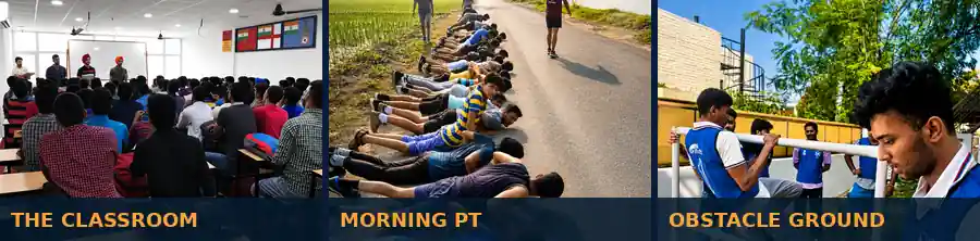 NDA coaching in Chandigarh at NCA Academy — classroom teaching, morning PT and obstacle ground training