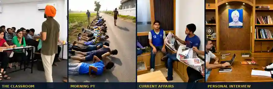 NCA Academy CDS coaching campus near Chandigarh - classroom teaching, morning PT ground, current affairs session and SSB personal interview room at SCO 71 Sector 91 Mohali